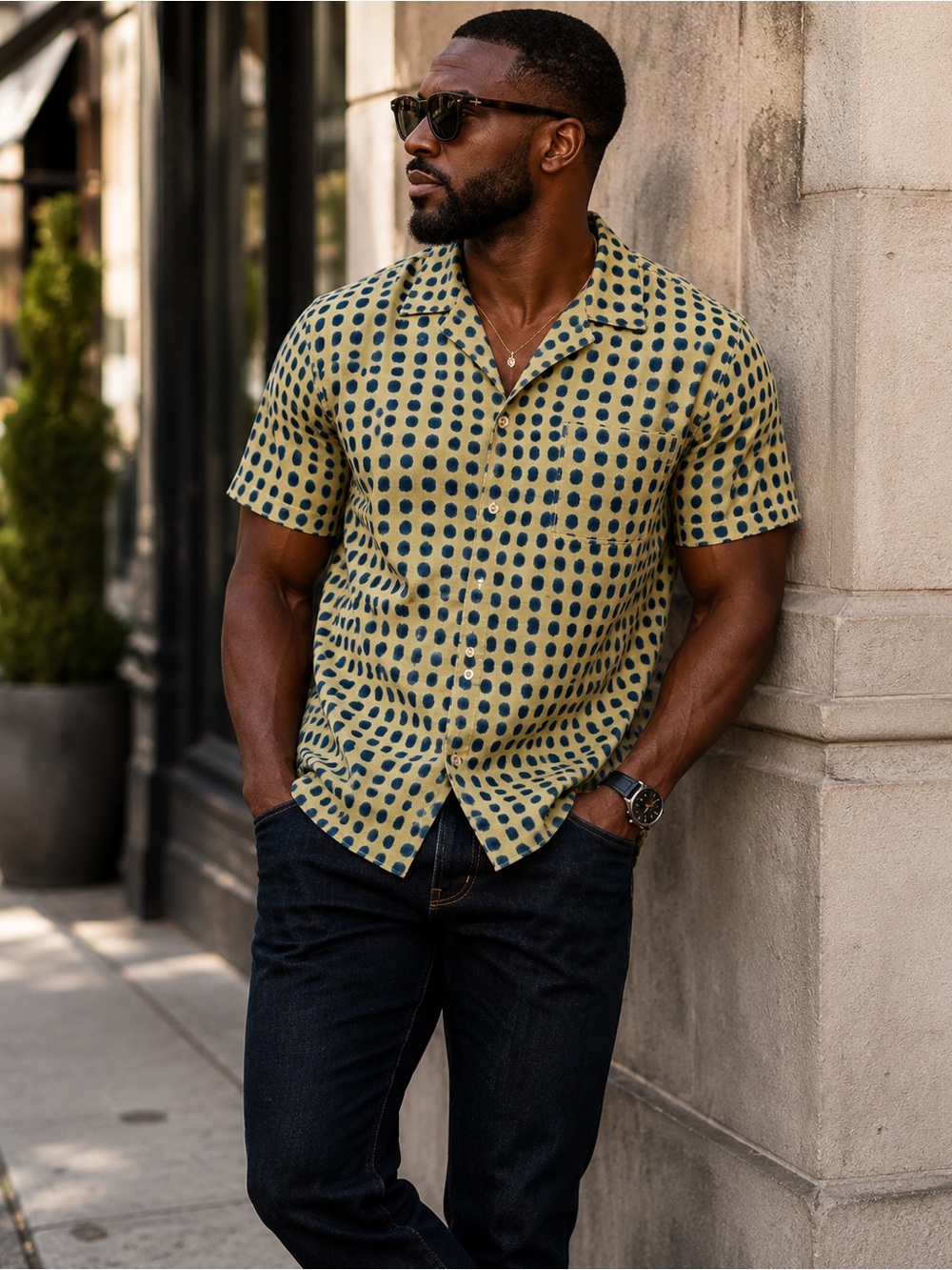 Target Short-Sleeve Button-Up Shirt in Blue Dot Print
